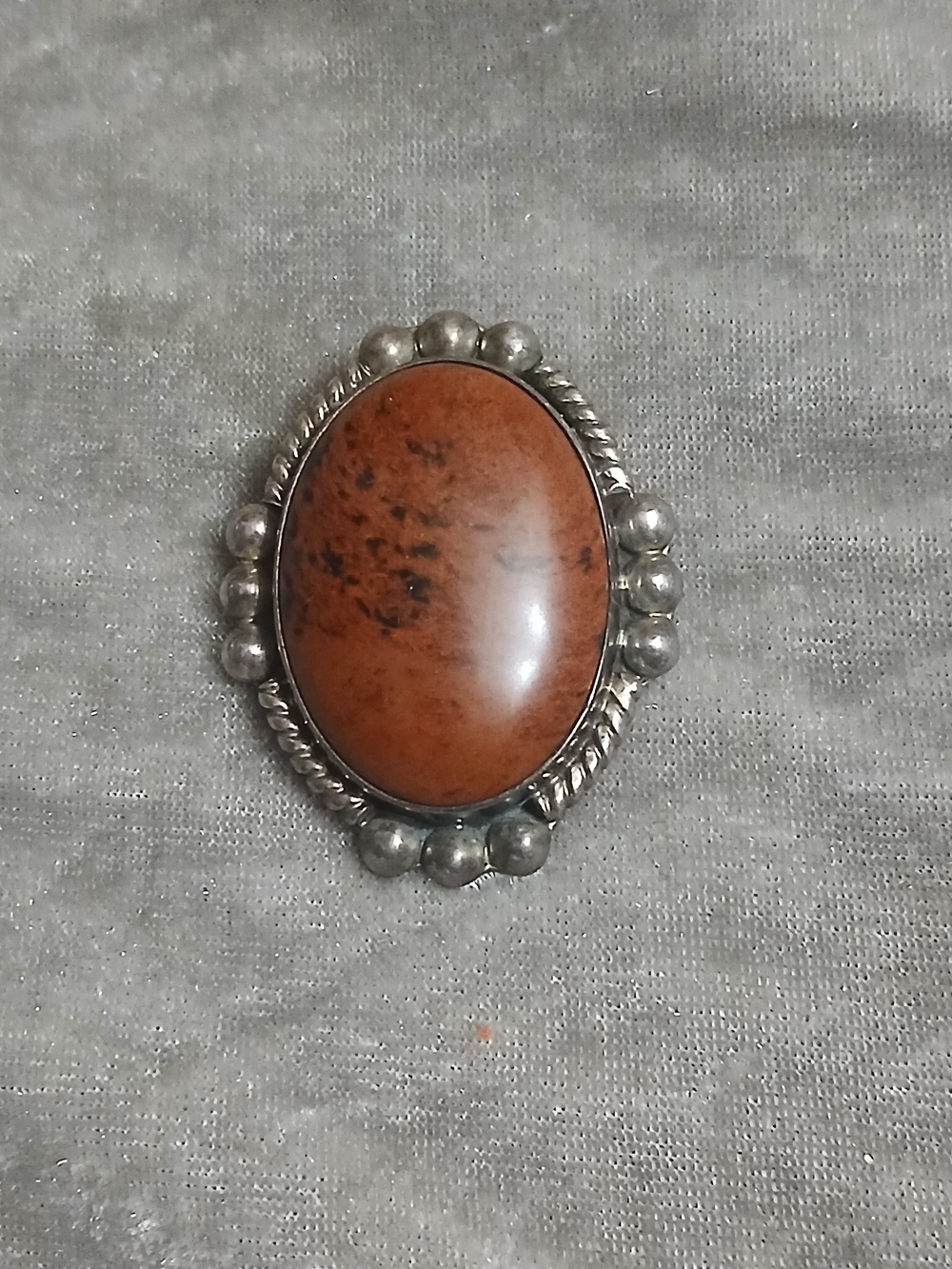 Oval Silver Brooch/Pendant with Brown Jasper W/ a T Beaded Frame-Mexico 925